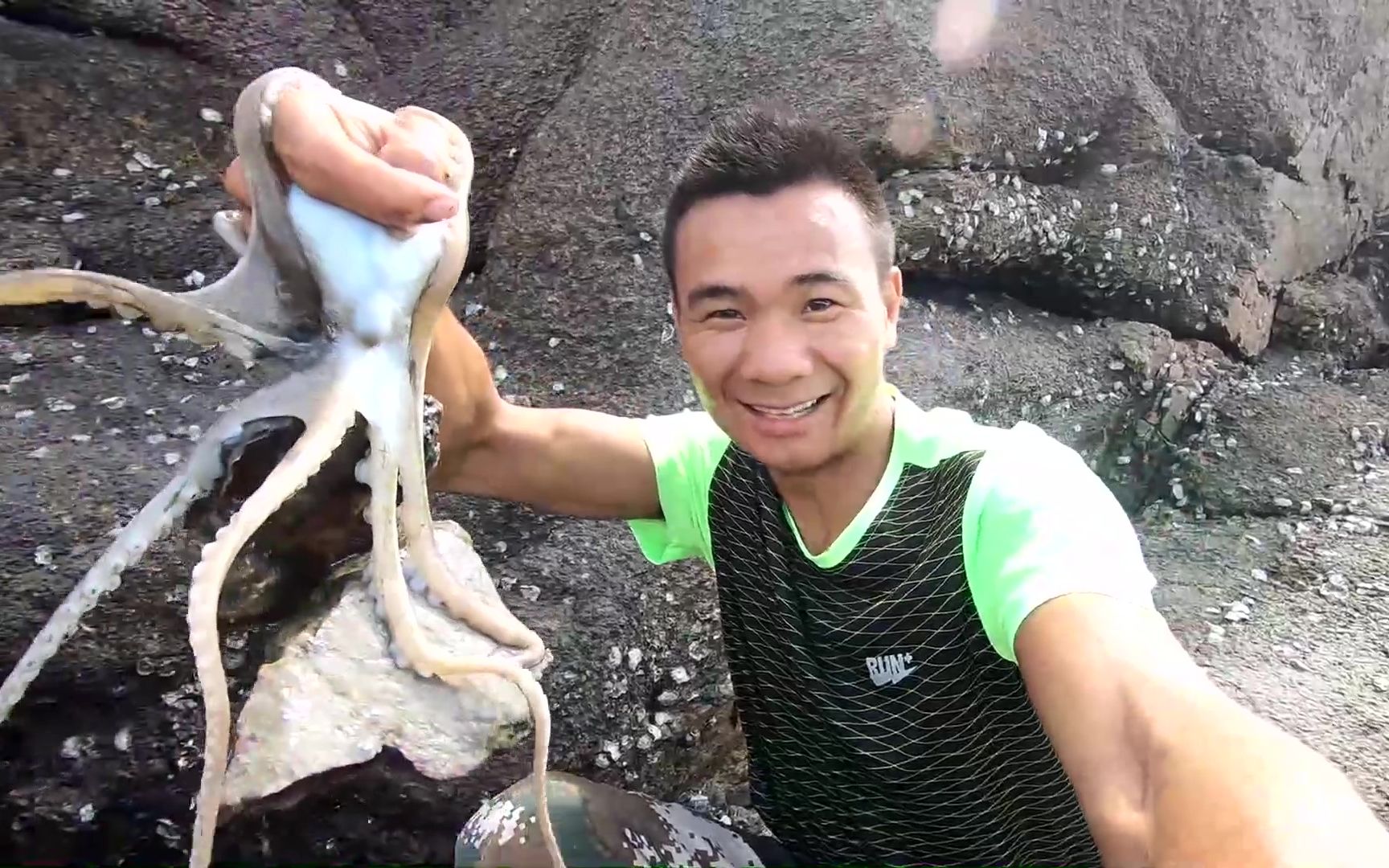 趕海遇到一隻生猛海鮮,竟能吸起2塊大石,放桶裡還弄死大螃蟹