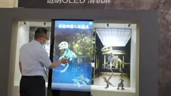 恐龙孵化案例OLED透明滑轨屏展厅互动滑轨屏一体机智能互动电视电动滑轨