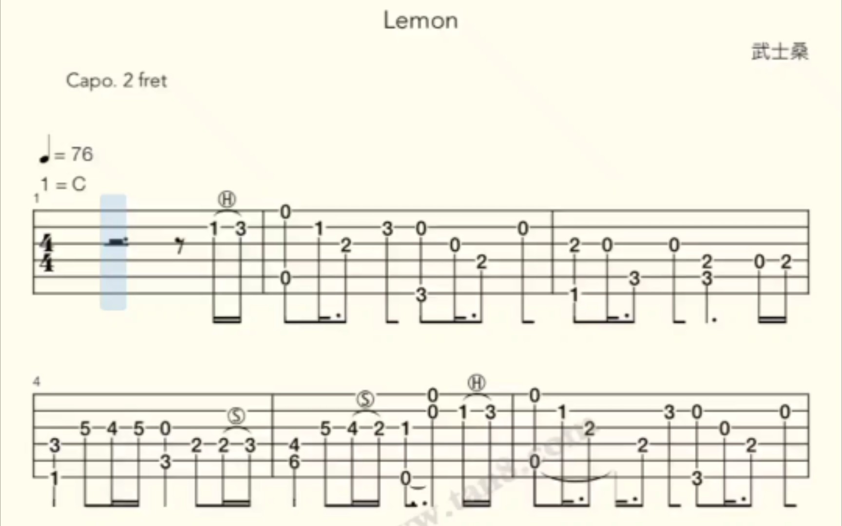 [图]Lemon-米津玄师 武士桑版吉他指弹谱(软件-弹琴吧)