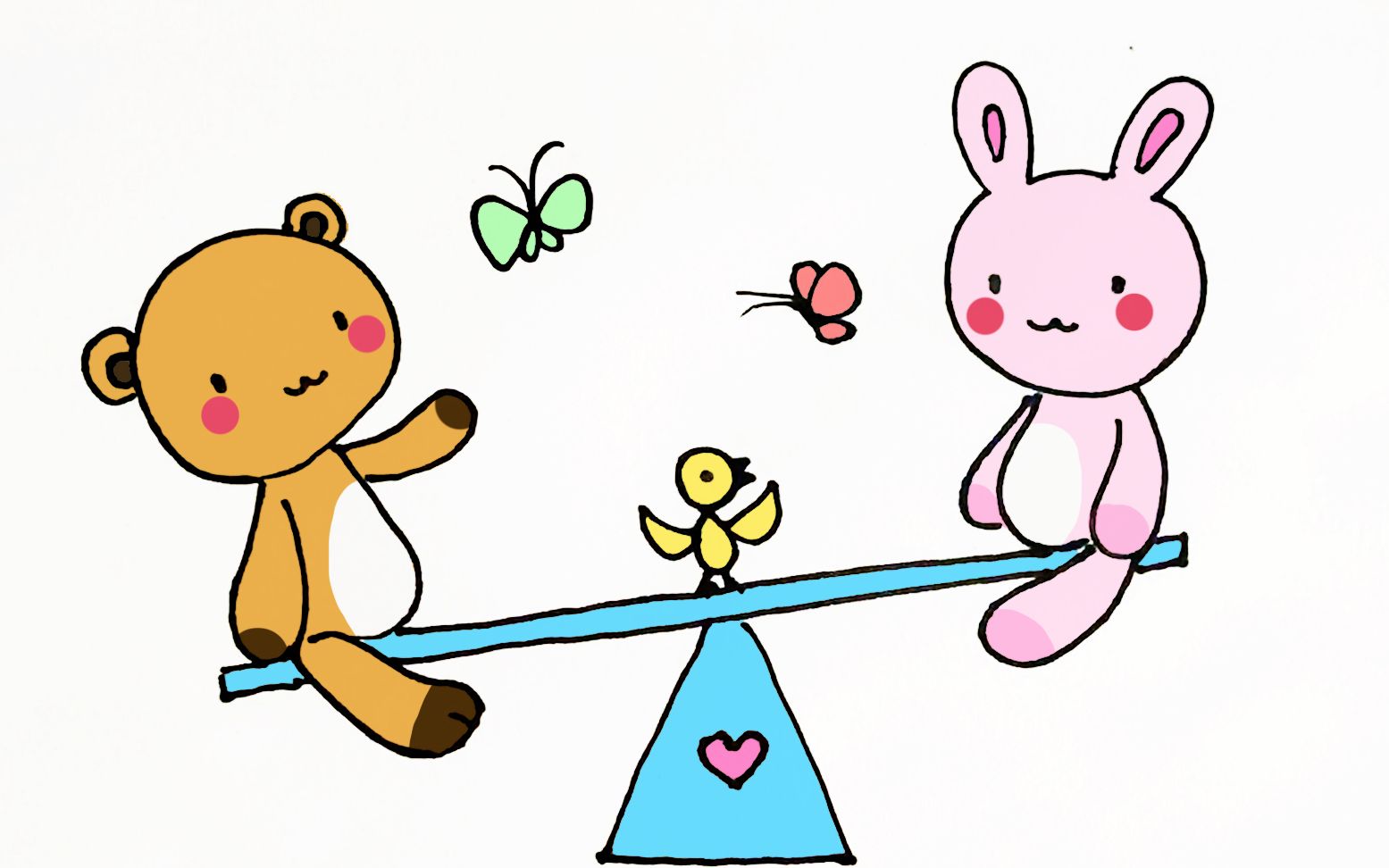 儿童简笔画小熊和小兔子在玩跷跷板蝴蝶和小鸟也来围观