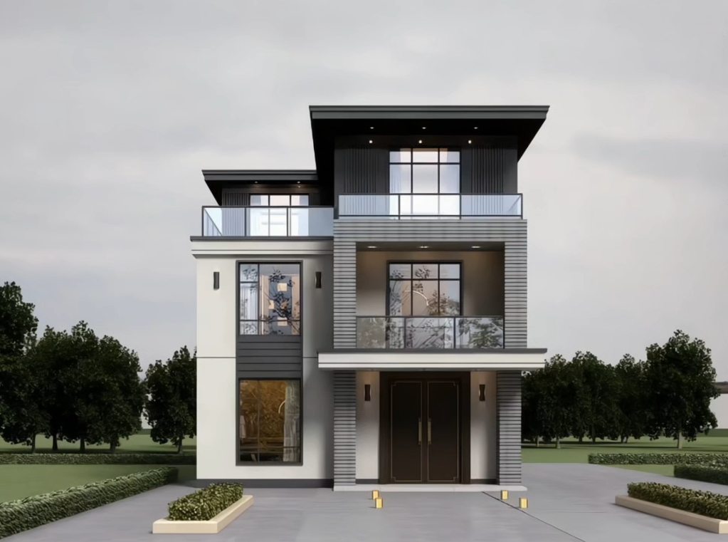 面宽7米,进深12米,现代风格三层自建房别墅外观设计