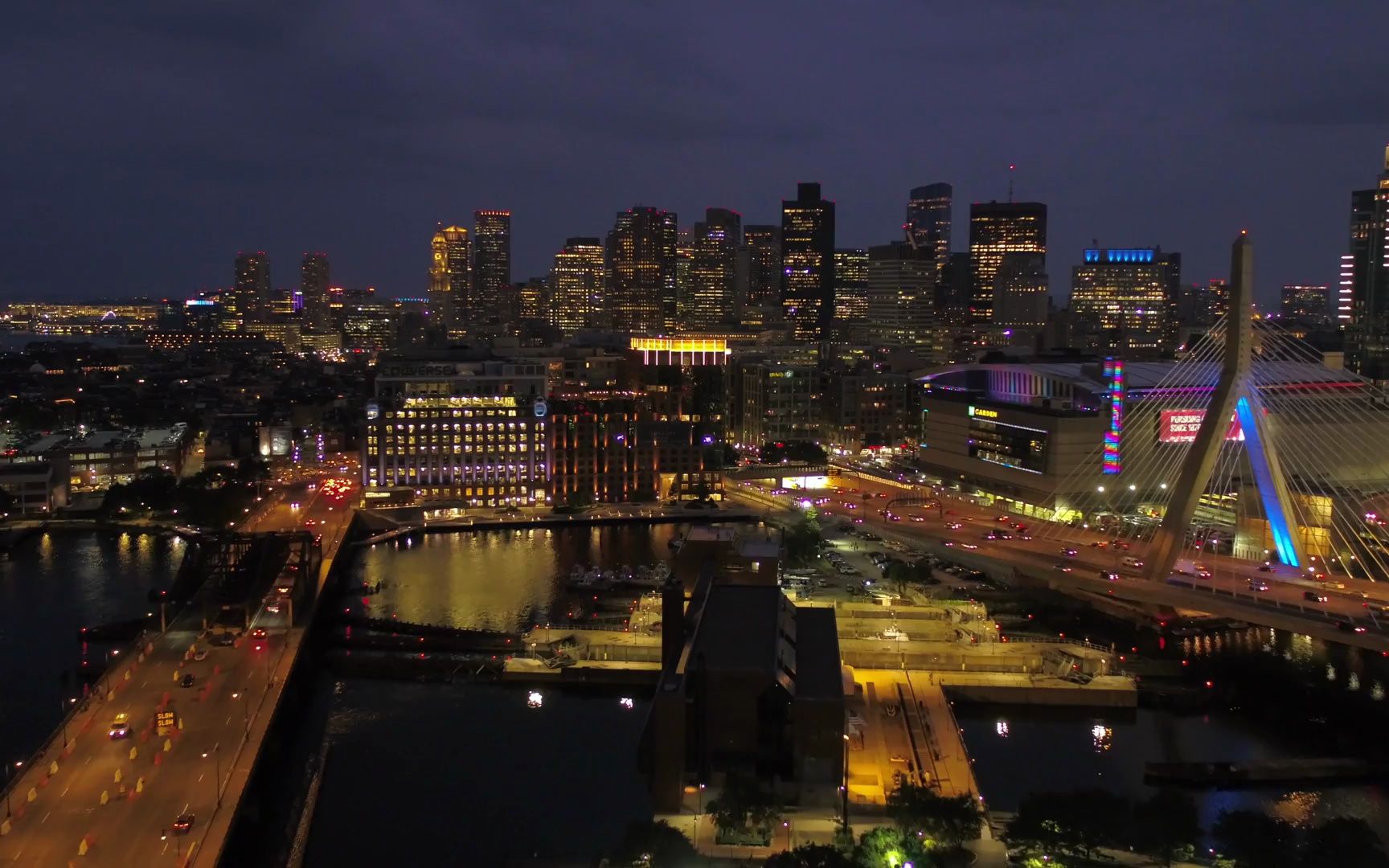 空中看波士顿城市夜景灯光