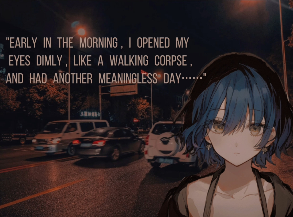 "清晨,我朦胧地睁开眼,如同行尸走肉一般,又过了毫无意义的一天……"