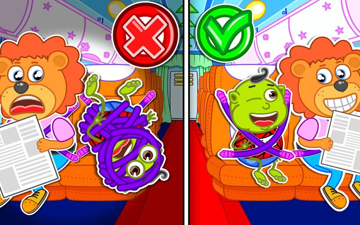 小狮子动画:在飞机上寄好安全带确保安全,小狮子学习儿童提示!