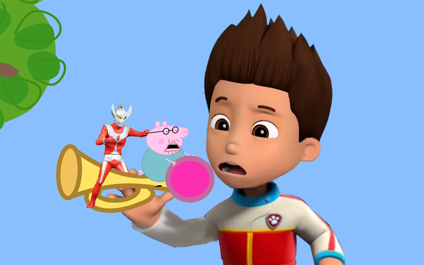 汪汪队立大功莱德帮助小喇叭上的小猪佩奇爸爸和泰罗奥特曼