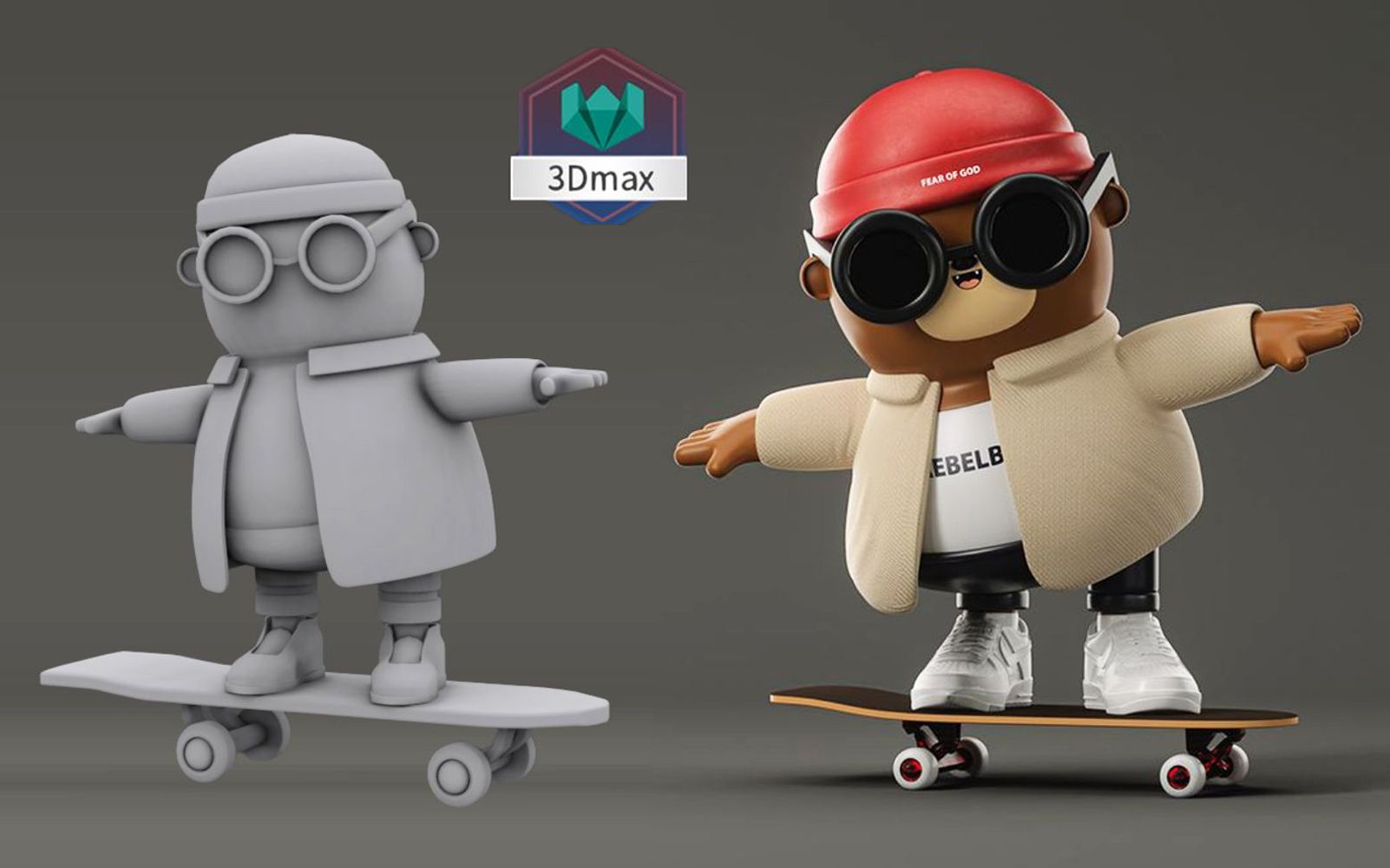 【3dmax建模】卡通滑板小熊熊模型制作,三小时基础布线,卡线到sp材质