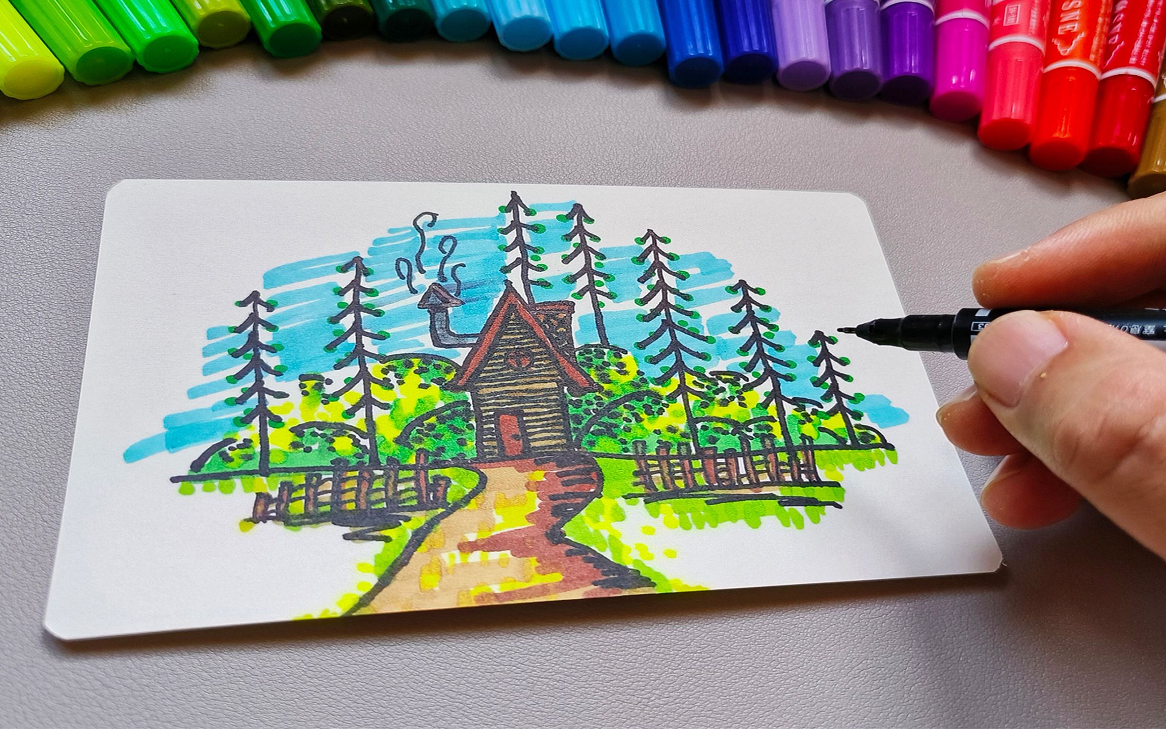 沉浸式绘画/林中小屋风景/简笔画初学者/线条画/马克笔手绘/艺术