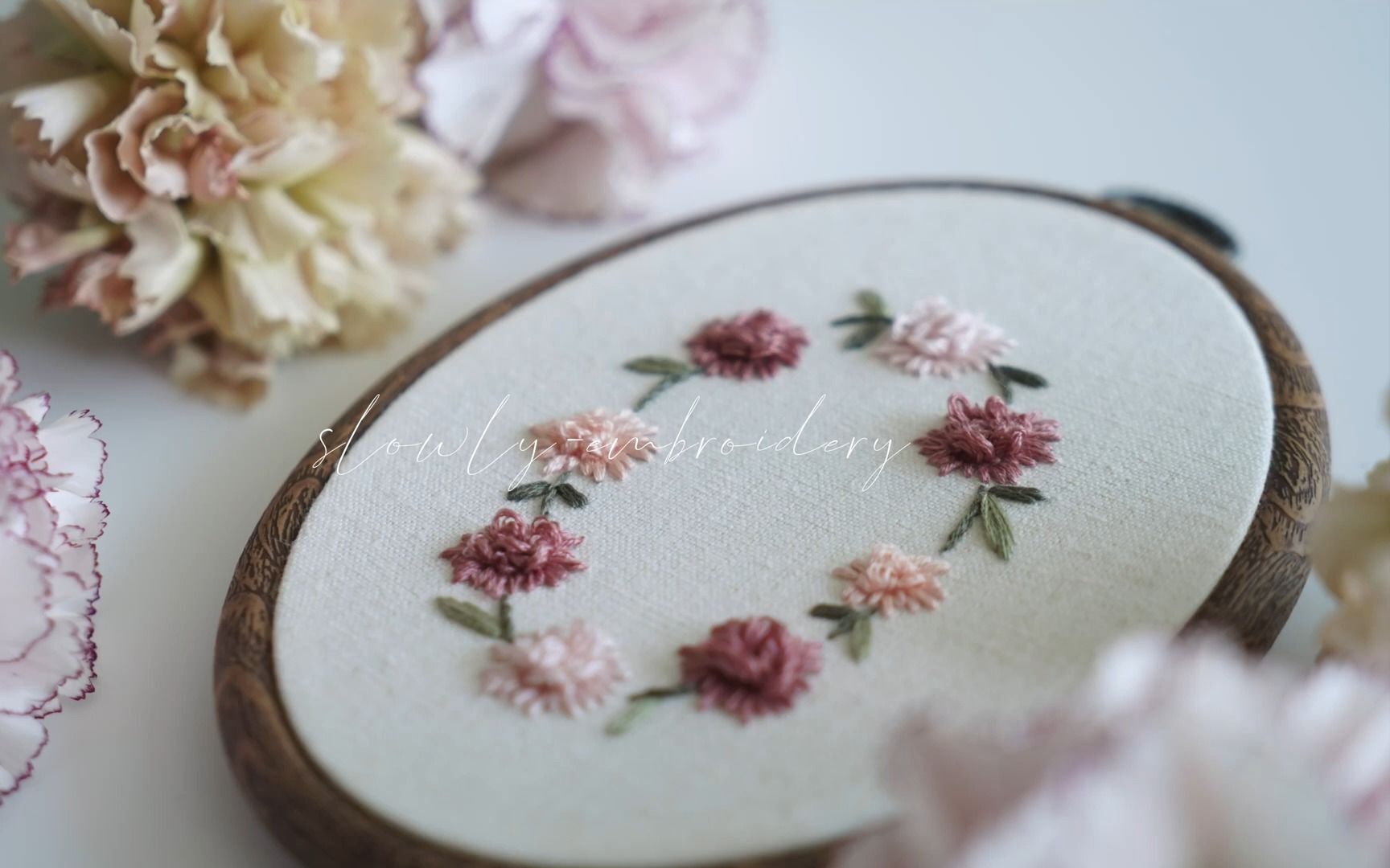 【slowly-embroidery】康乃馨刺绣教程 carnation flower hand