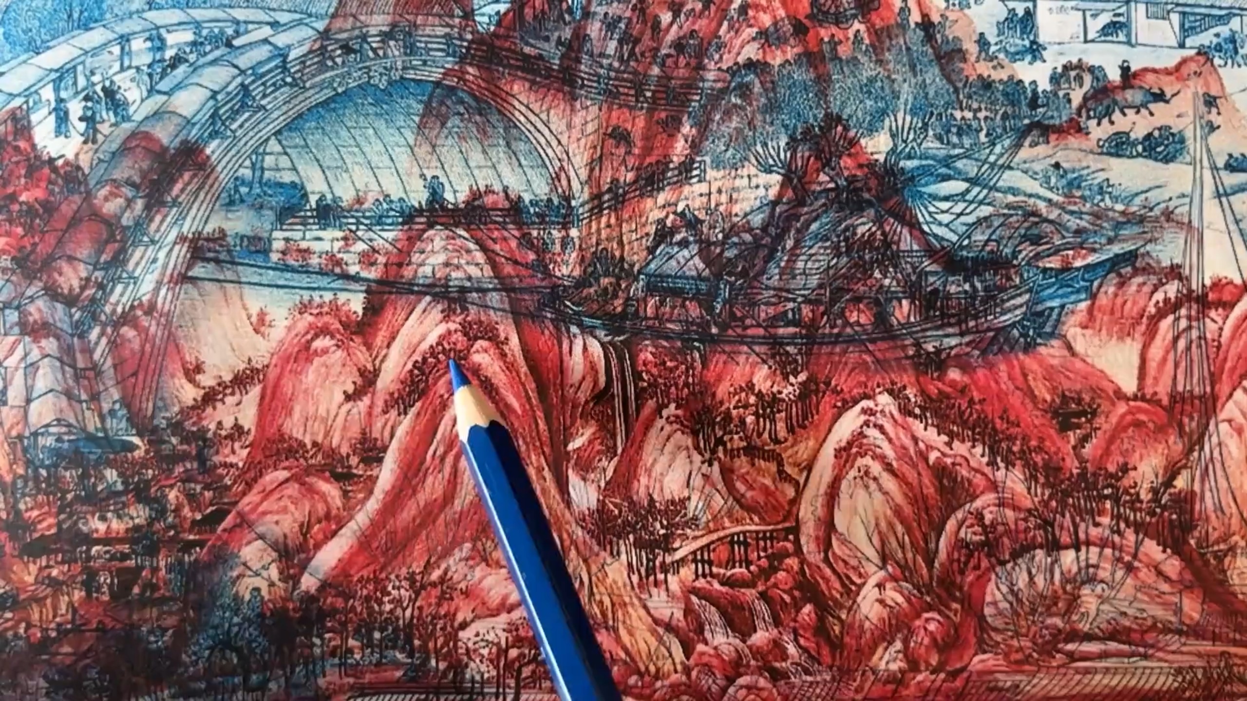 用红蓝眼镜同时画清明上河图和千里江山图