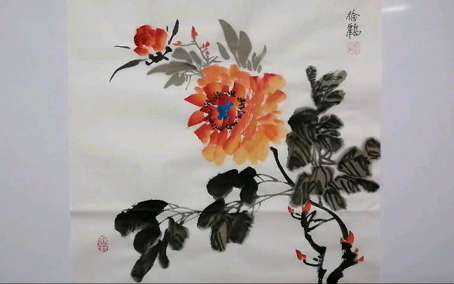 当代国画家徐鹤中国画大写意花鸟作品《牡丹花开》