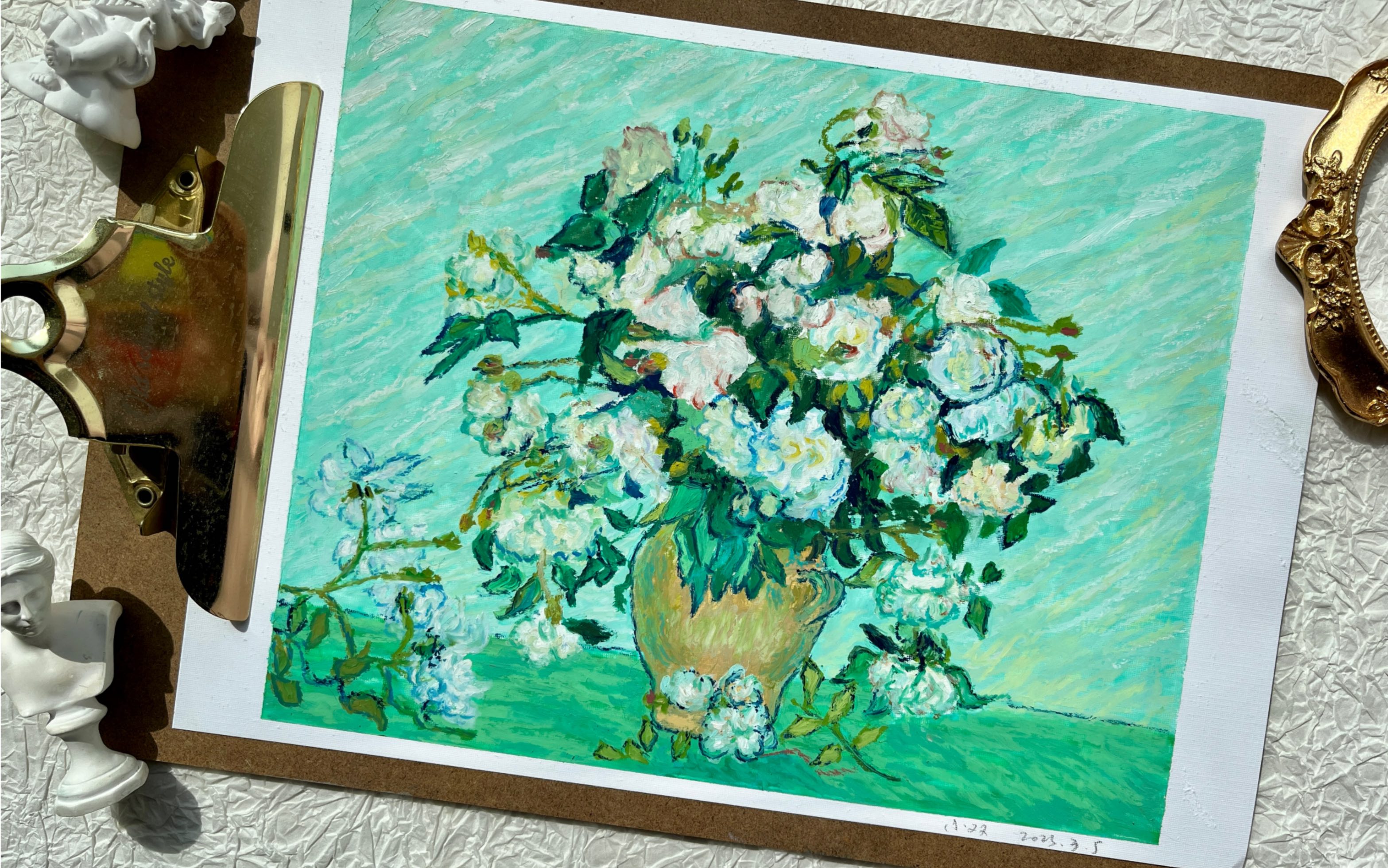 油画棒临摹梵高《花瓶里的白玫瑰》