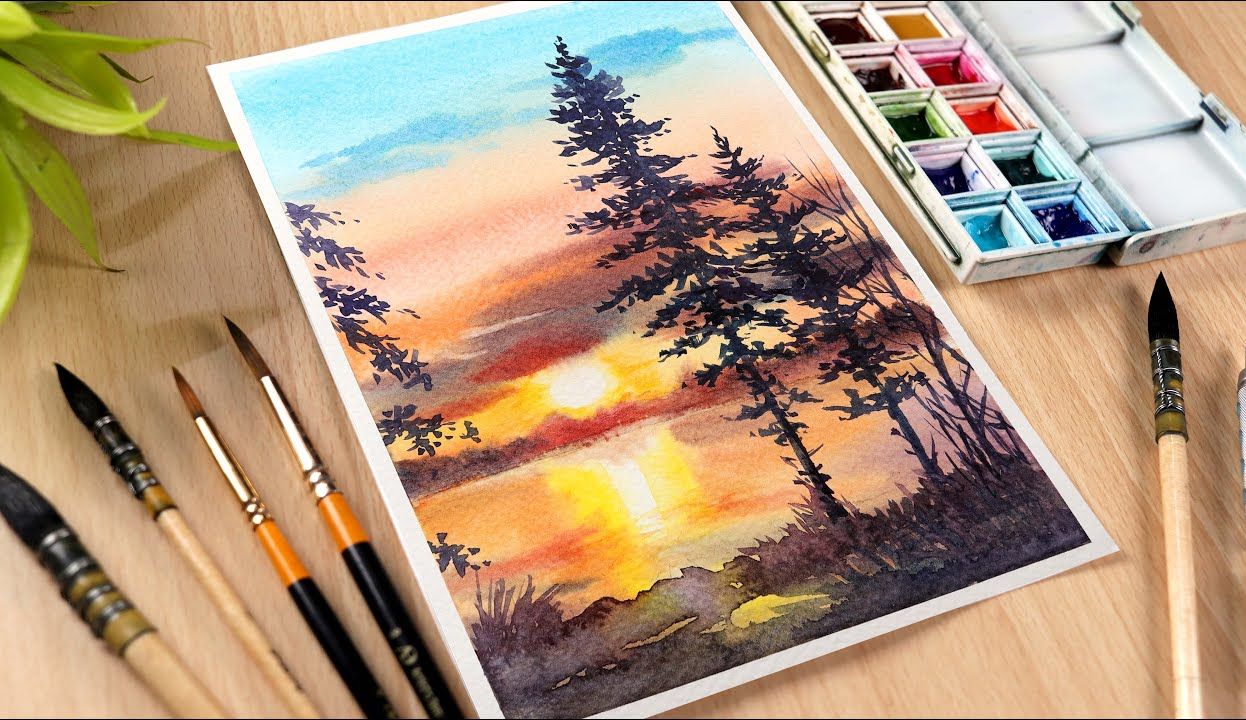 水彩画晚霞山谷湖泊景观