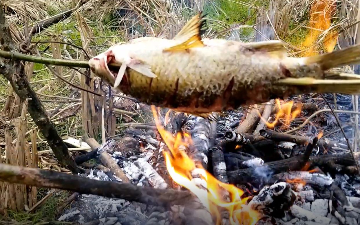 野外木棍烤鱼图片