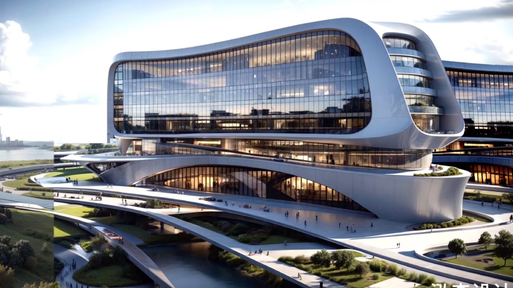 建筑表现#ai出建筑效果图#ai ai出扎哈风格的办公楼建筑透视效果图!