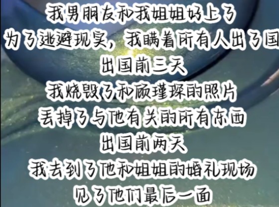 我男朋友和我姐姐好上了为了逃避现实,我瞒着所有人出了国出国前三天我烧毁了和顾瑾琛的照片丢掉了与他有关的所有东西出国前两天我去到了他和姐姐的...