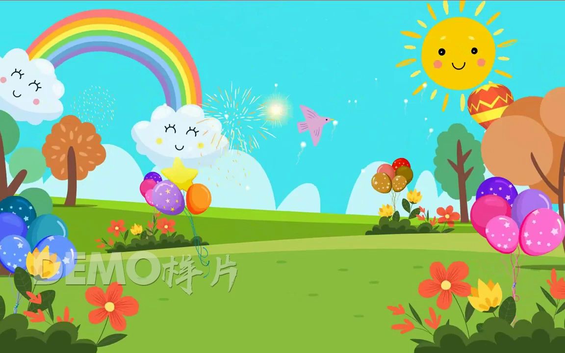 k2836 唯美卡通白云云朵飘动彩色气球彩虹树木动画幼儿园六一儿童节