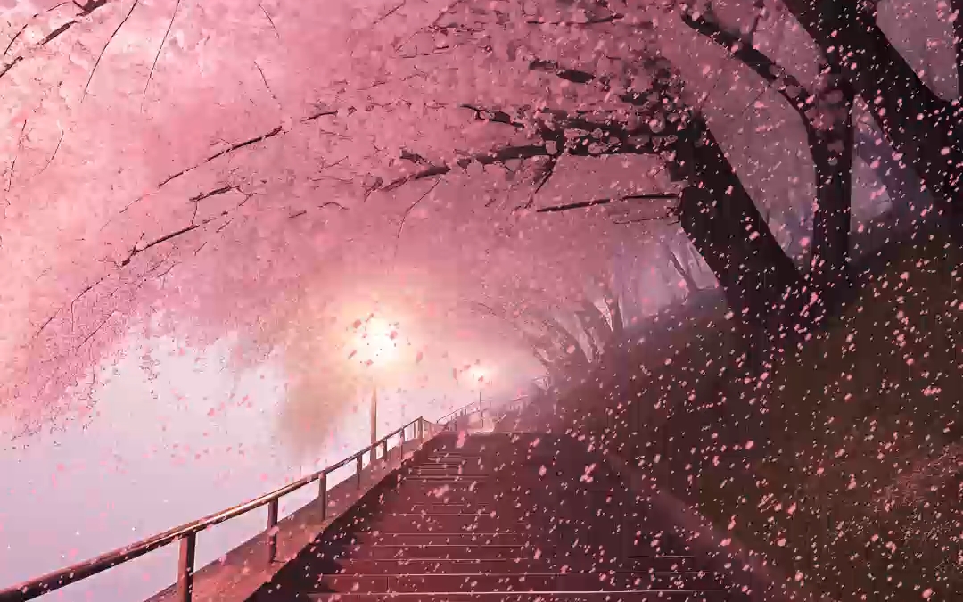 日本宫崎骏的世界里的粉色樱花树