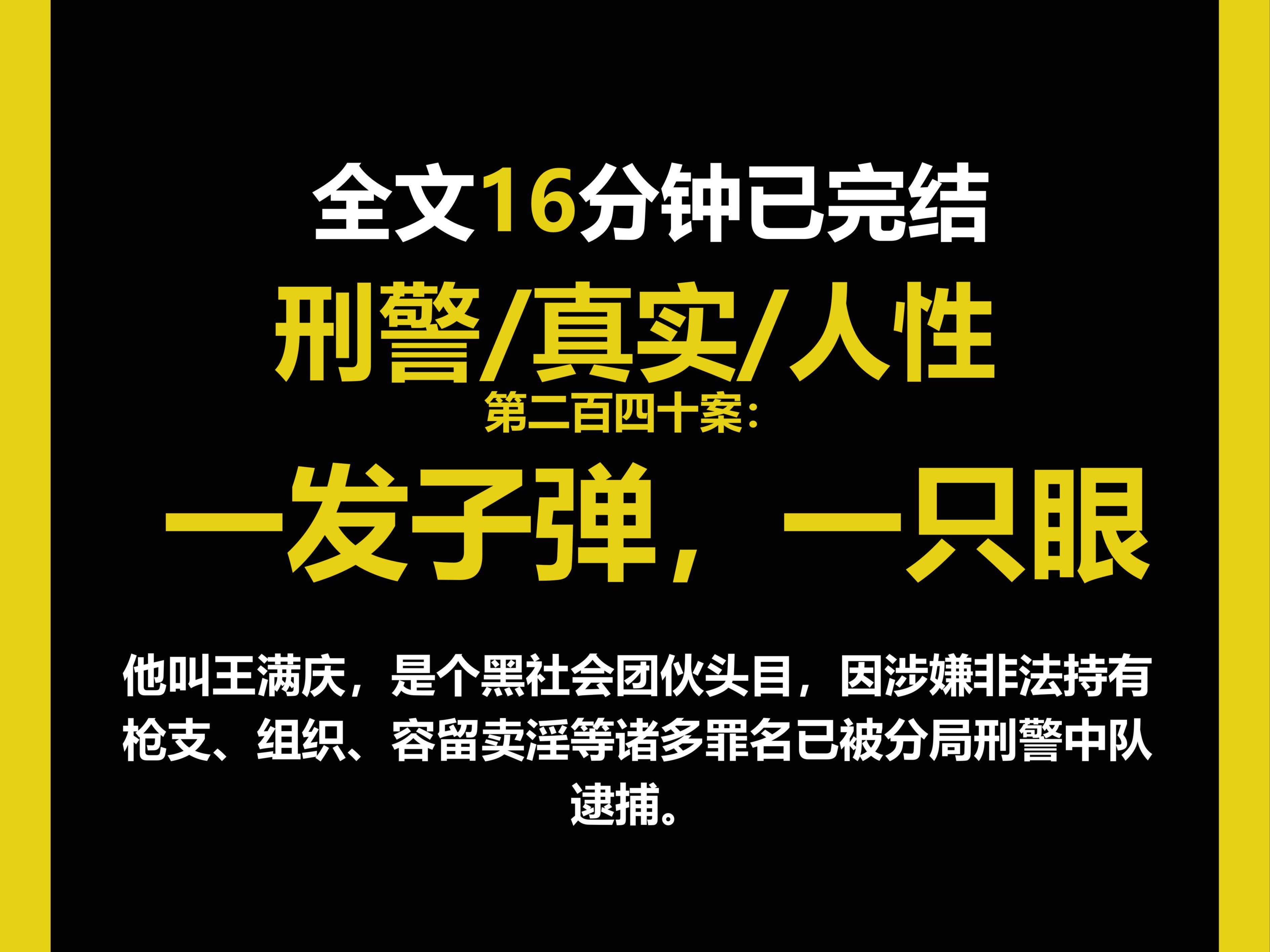 (刑侦文)刑警/真实/人性,他叫王满庆,是个黑社会团伙头目,因涉嫌非法持有枪支、组织、容留卖淫等诸多罪名已被分局刑警中队逮捕.(第二百四十案...