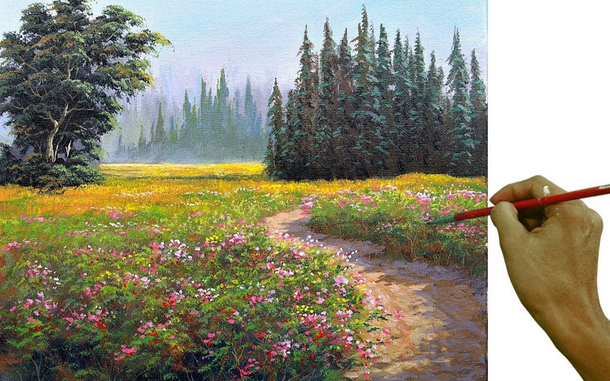 【丙烯画】【绘画教程】花田-acrylic landscape painting flower