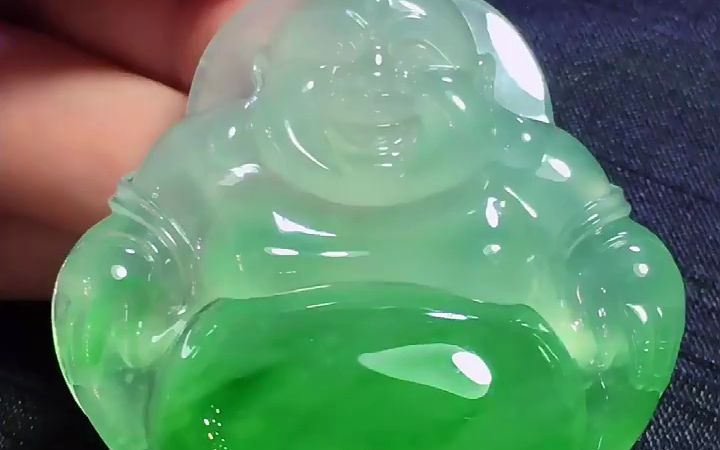 天然缅甸老坑a货翡翠冰种阳绿弥勒佛公18k金镶嵌翡翠吊坠女