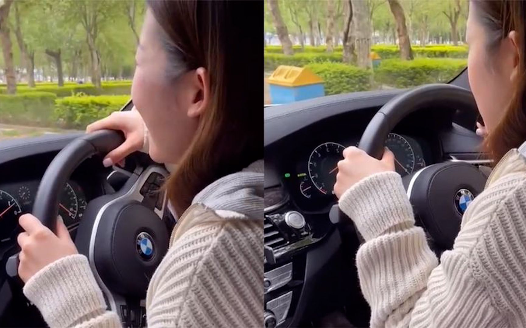 活动  女司机抱着方向盘学开车,缓慢给油后突然停下,原因让男友乐出声