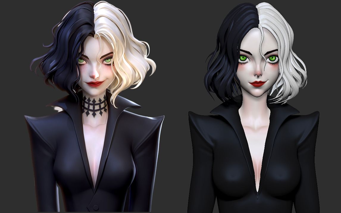 【zbrush教程】黑白魔女"库伊拉"模型高模雕刻,zb人物角色上色技巧