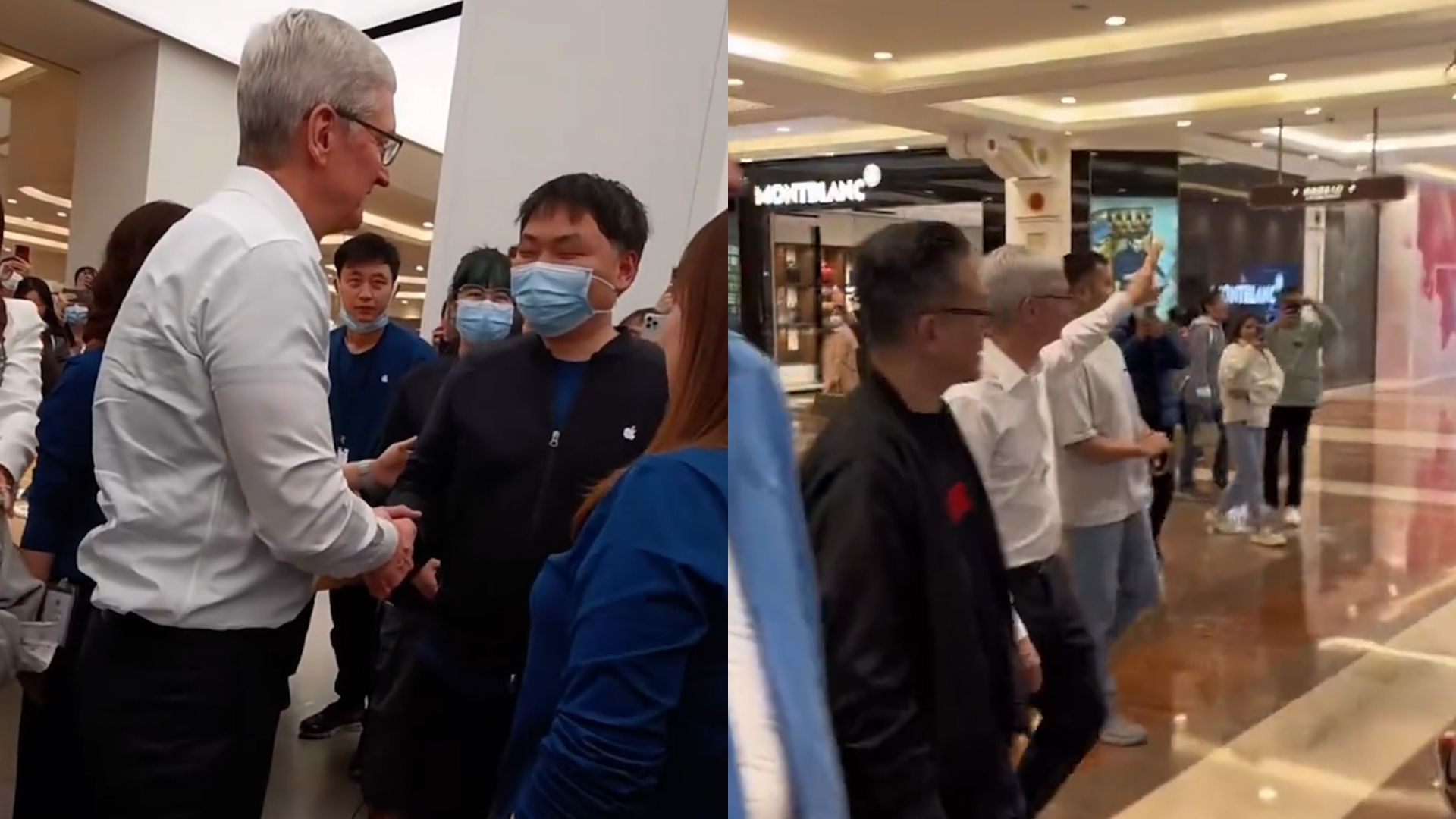 [图]现场：苹果CEO库克“中国行”访问上海零售店 与视障店员握手交流