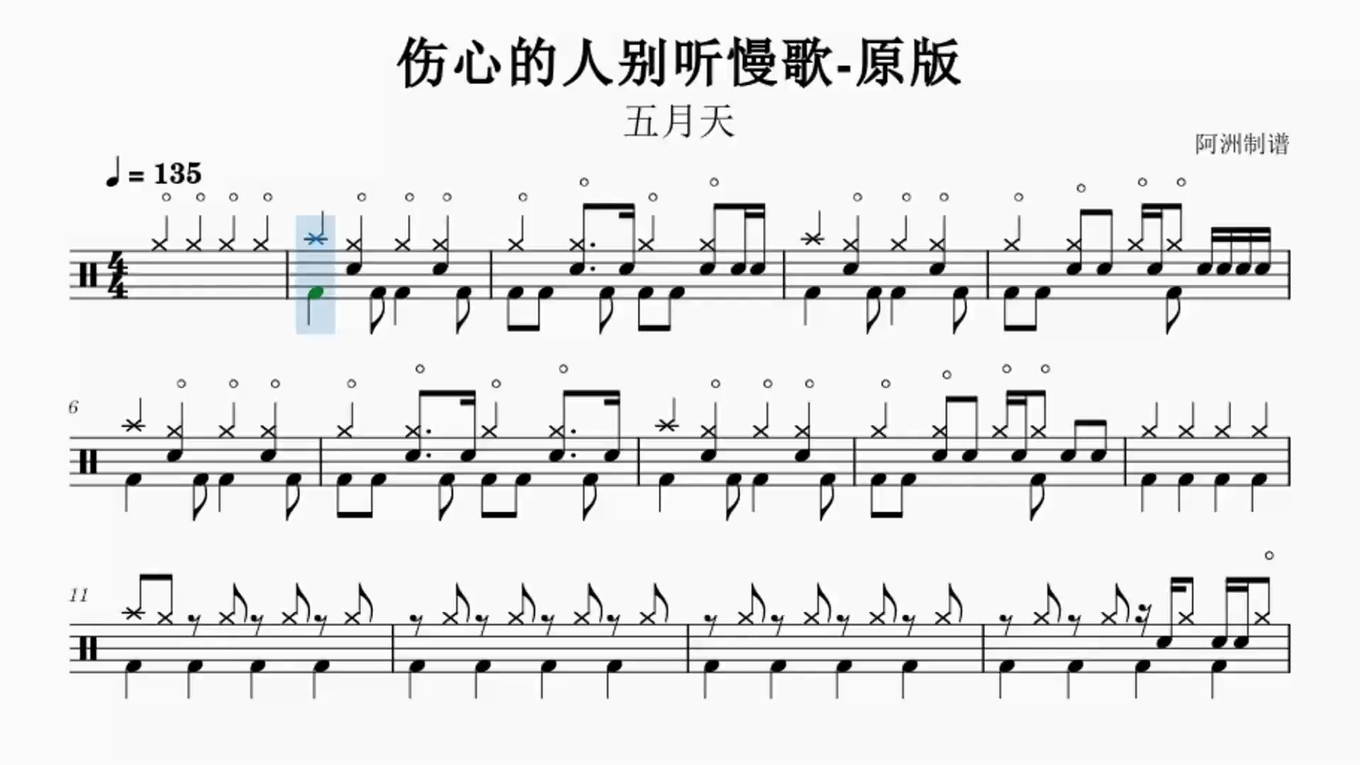 《伤心的人别听慢歌》五月天-初学者也能学会的鼓谱
