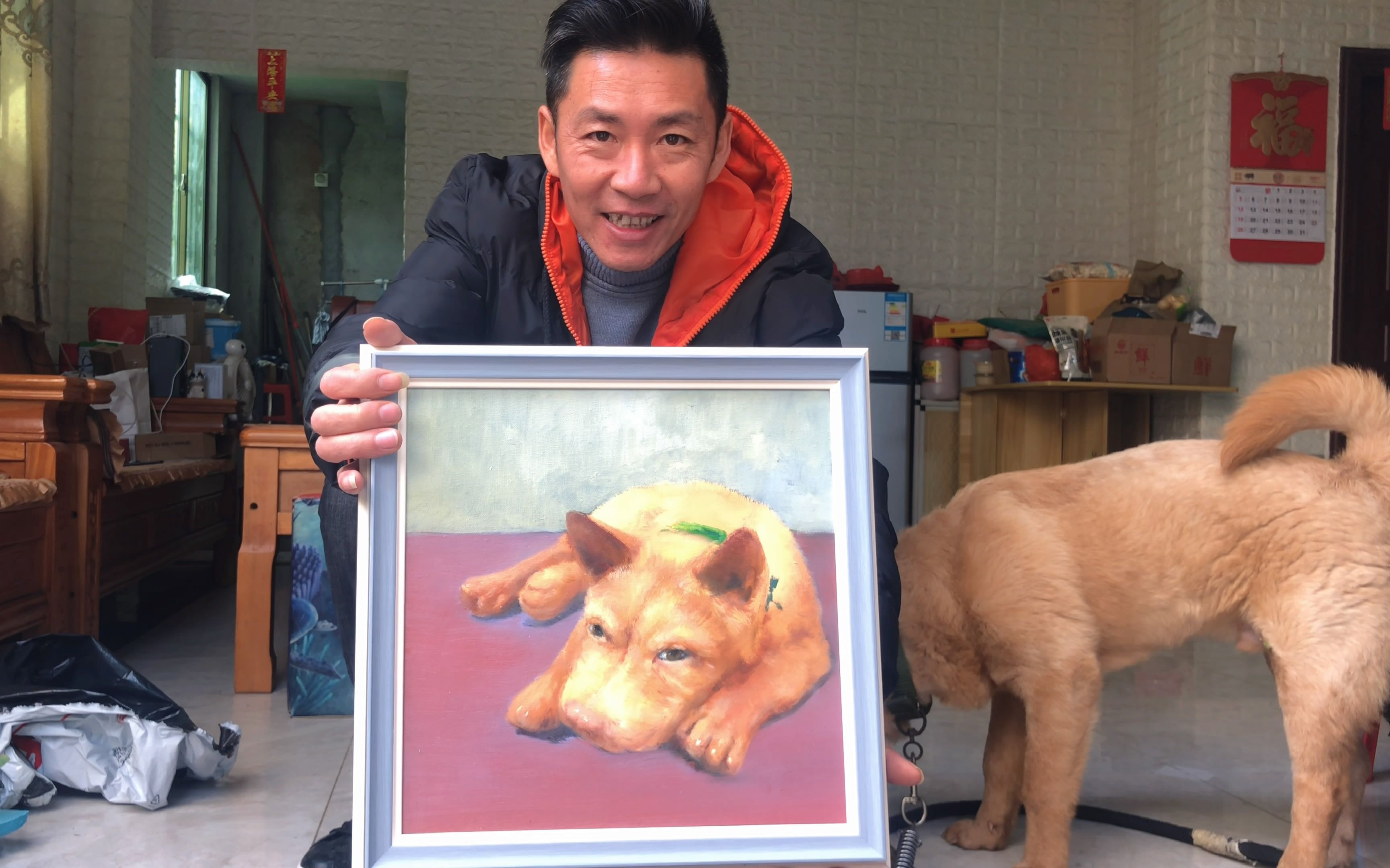 粉丝朋友给土狗b仔的一幅手绘油画很可爱,冷风代b仔感谢他