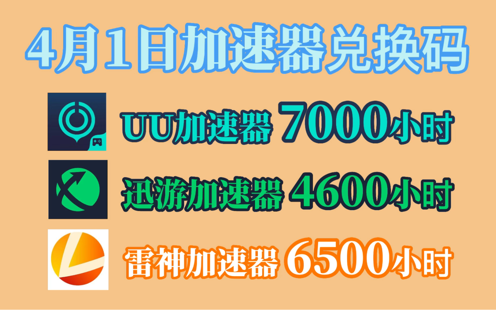 4月1日最新免费白嫖加速器口令和兑换码!UU加速器7000小时,迅游加速器4600小时,雷神加速器6500小时,还有其他加速器口令,人手一份!