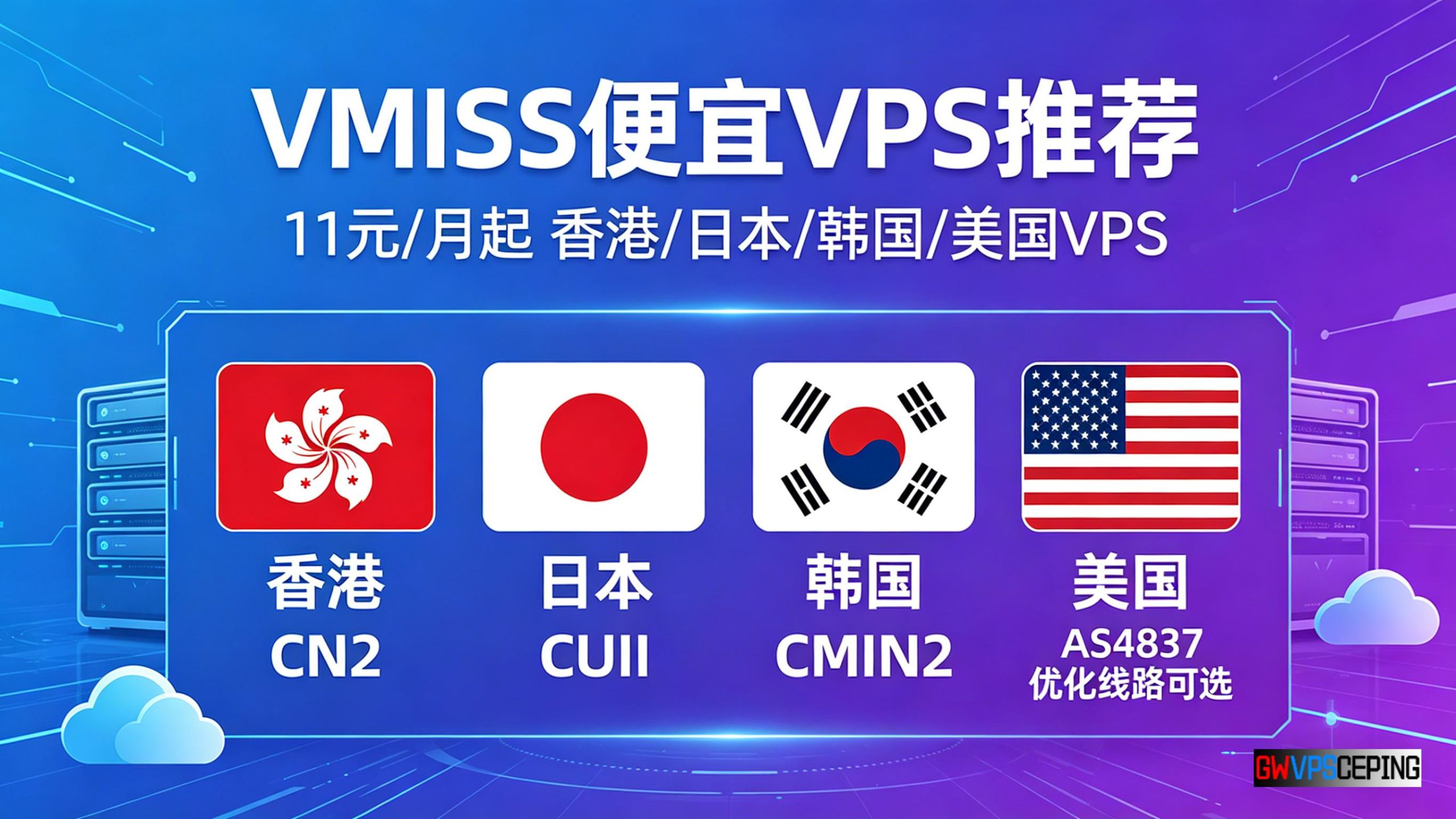 VMISS便宜VPS推荐:11元/月起香港/日本/韩国/美国VPS,CN2、CUII、CMIN2、AS4837优化线路可选