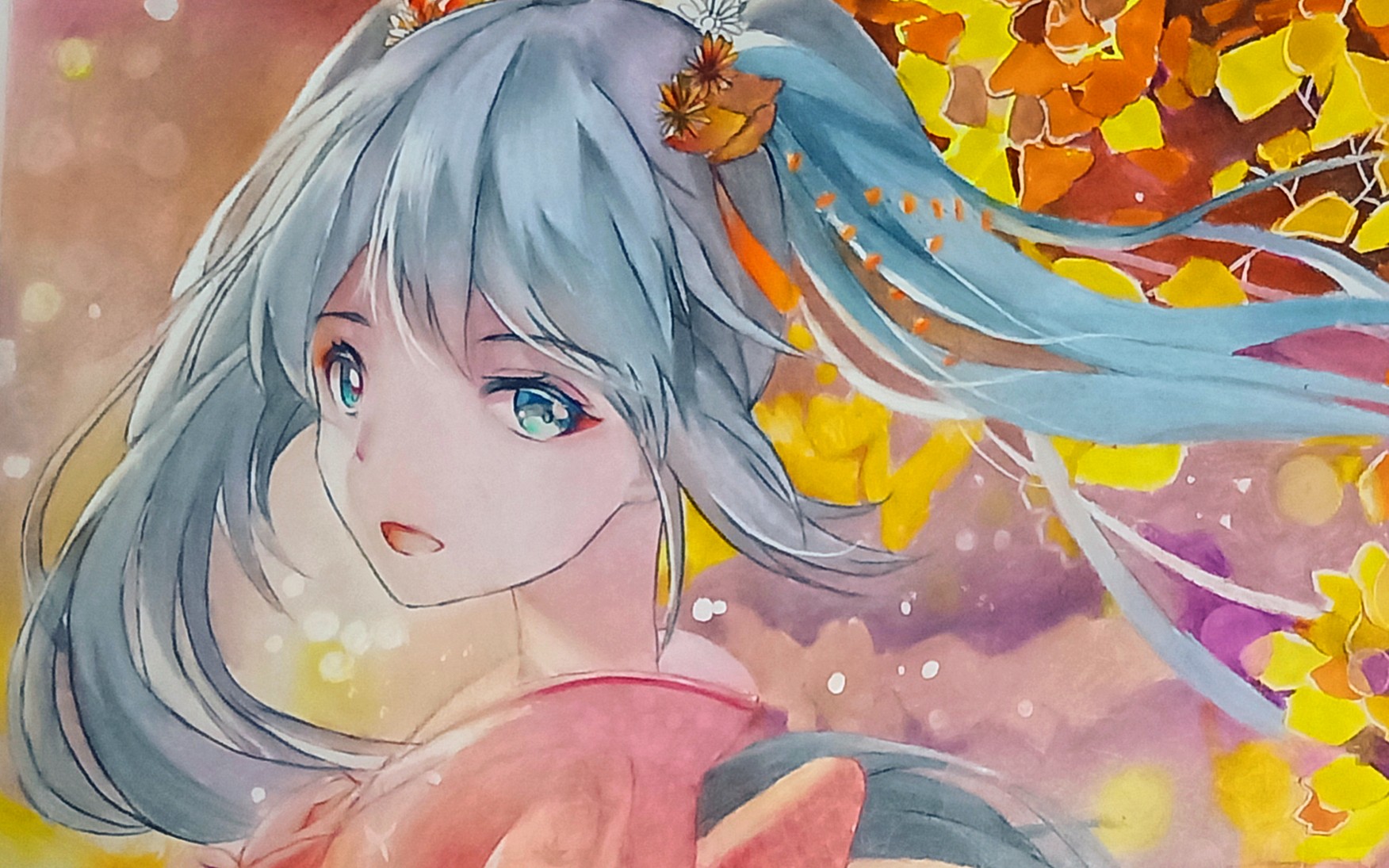 马克笔彩铅画一只秋初音原来枫叶也可以这么美