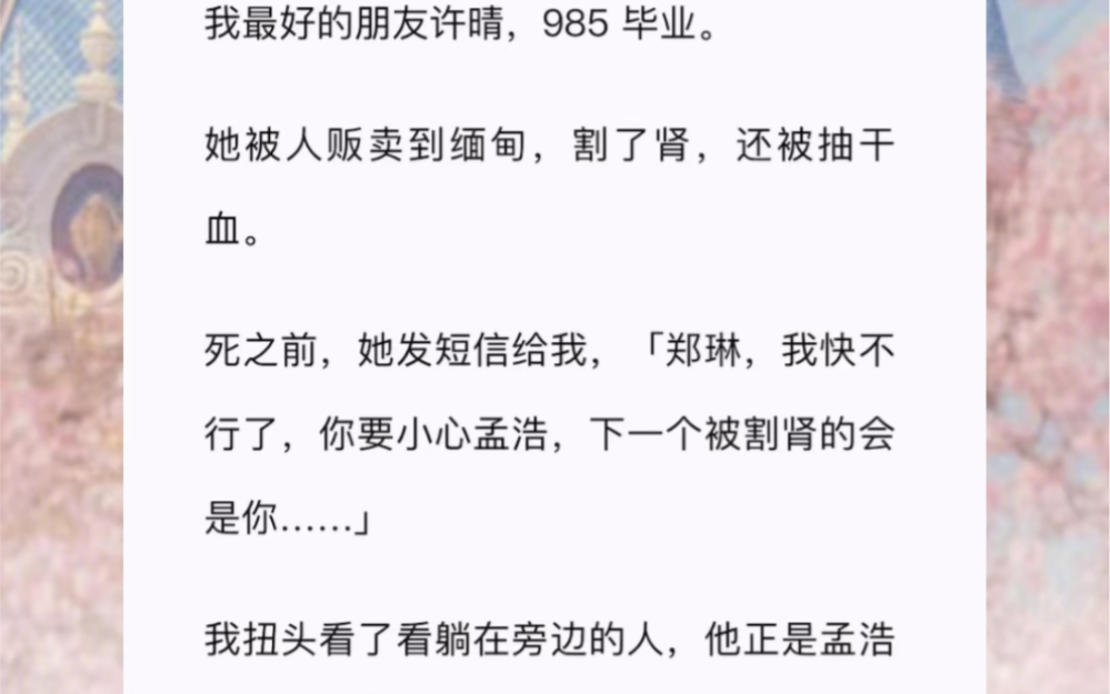 我最好的朋友许晴,985 毕业.她被人贩卖到缅甸,割了肾,还被抽干血.死之前,她发短信给我,「郑琳,我快不行了,你要小心孟浩,下一个被割肾的会...