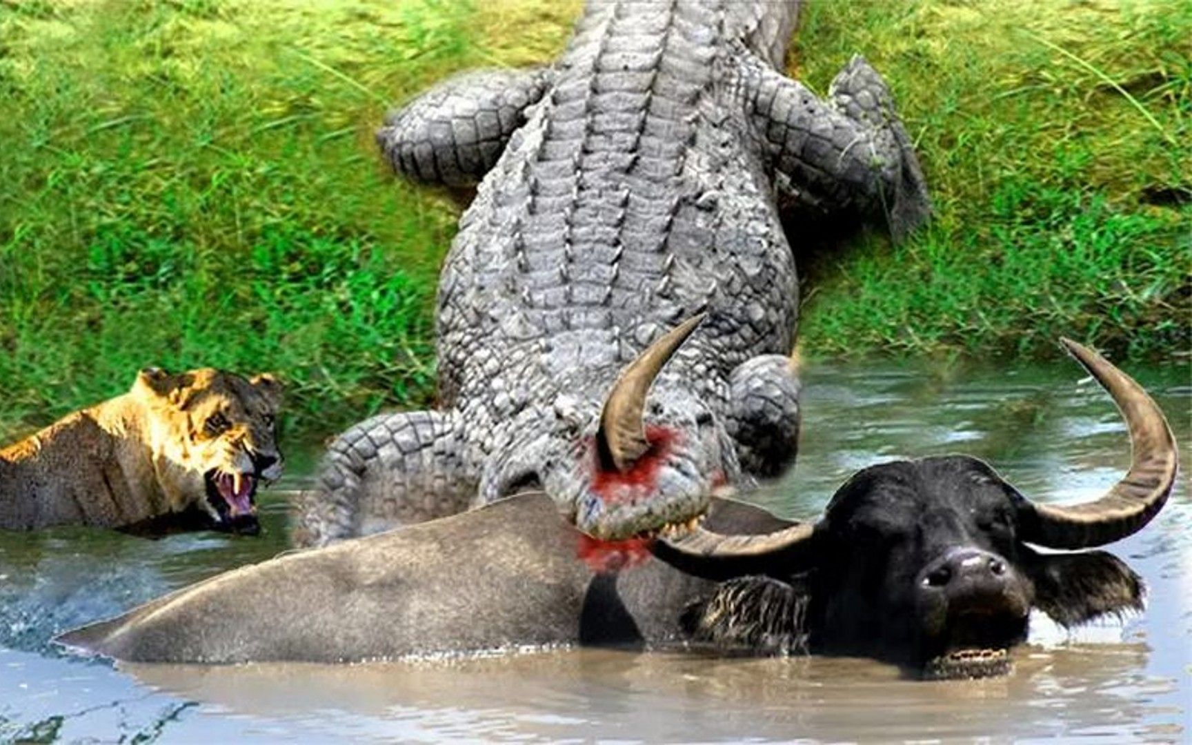 鳄鱼固执地攻击一头长角水牛,导致自己死亡