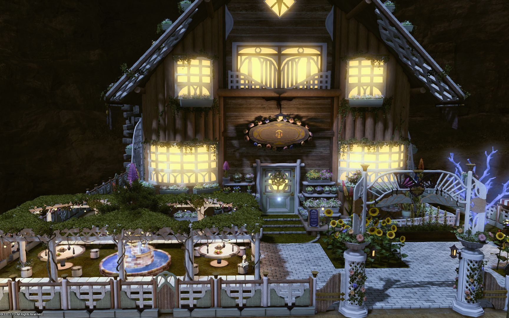 ff14最终幻想 m房庭院 欧式喷泉 梦幻花房 夜晚 白天