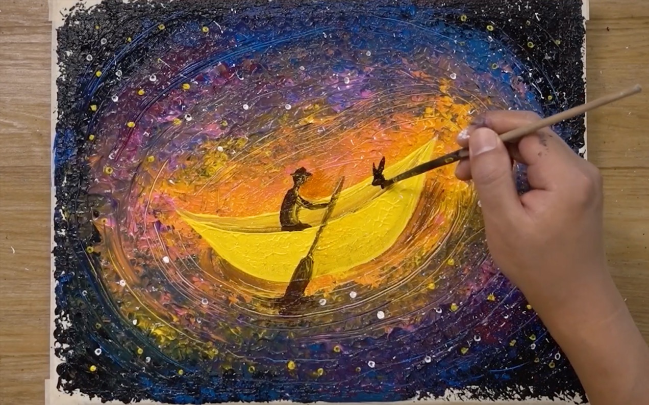 绘画教程用丙烯颜料画一条划过星空的小船带着小伙伴穿越星际插画创作