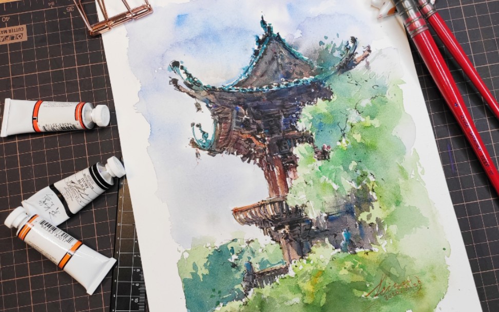 活动作品钢笔淡彩古建筑上色技巧明清遗亭