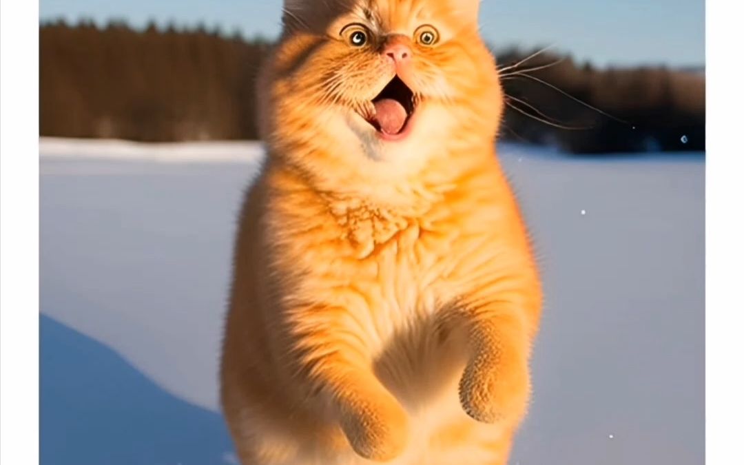 一只爱玩雪的胖橘猫