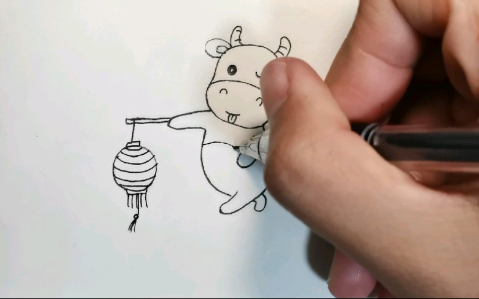 简笔画一只可爱的小牛君提着灯笼来送祝福了