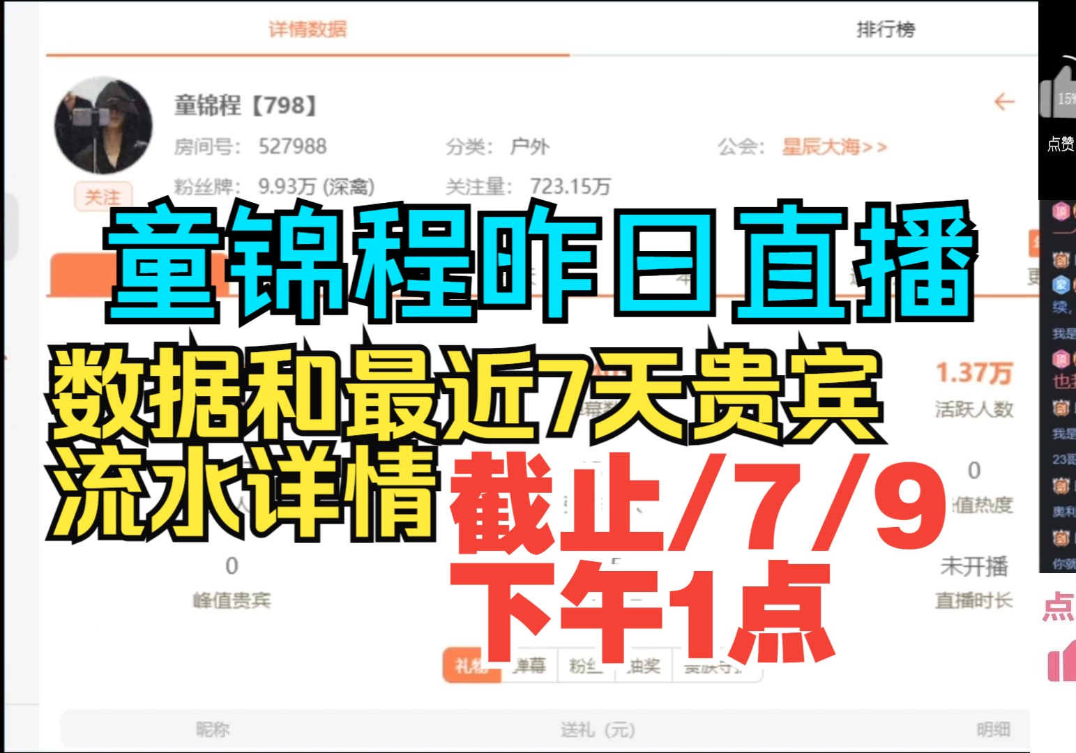 童锦程昨日直播 数据和最近7天贵宾流水详情 截止2024/7/9下午1点手机游戏热门视频