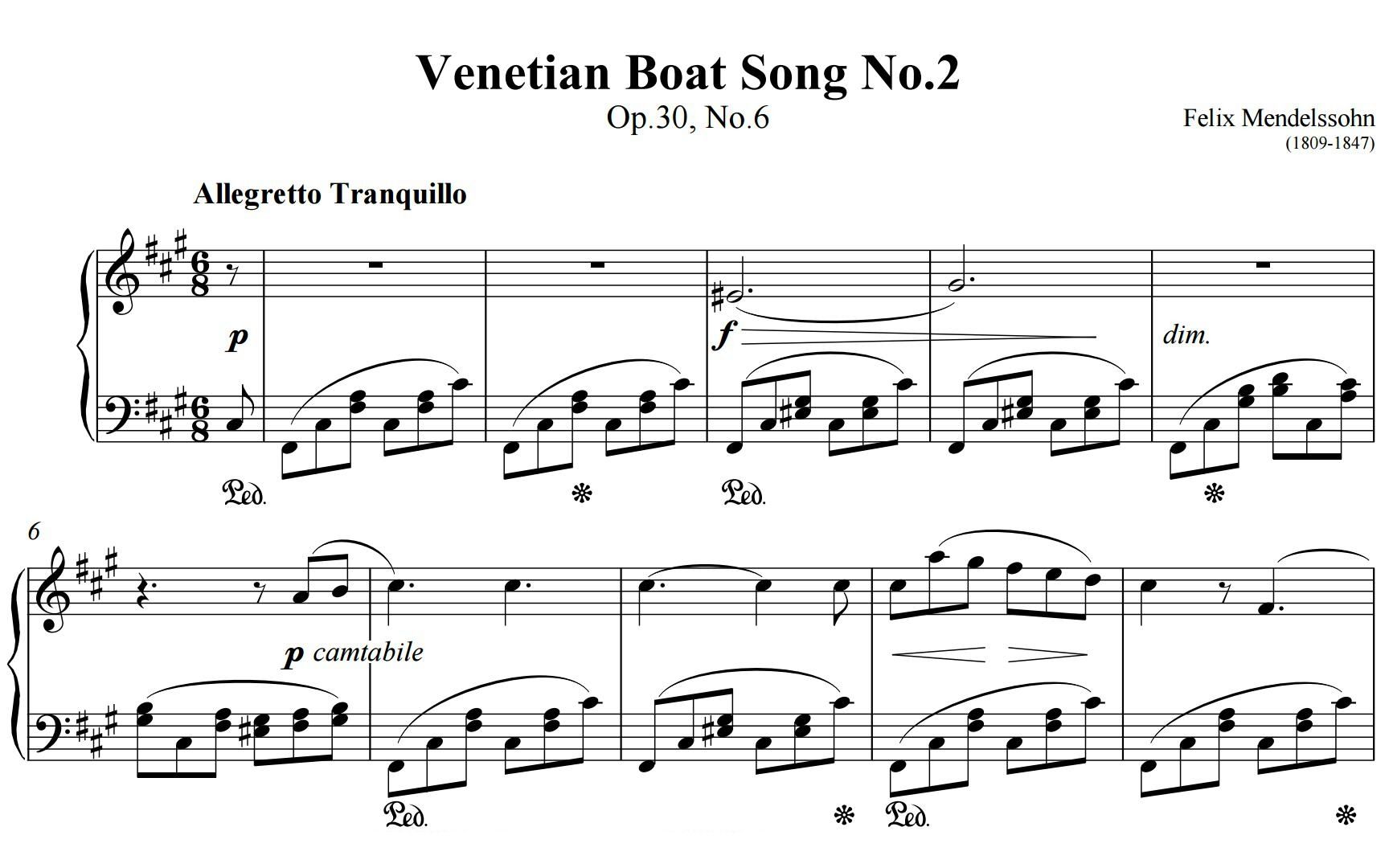 [图]门德尔松 威尼斯船歌 Venetian Boat Song No.2钢琴谱