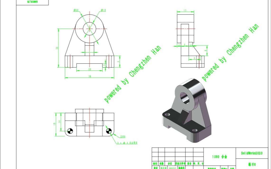 SolidWorks2020练习案例LIANXI6TB 练习6简单拉伸、切除、筋、打孔及出工程图哔哩哔哩bilibili