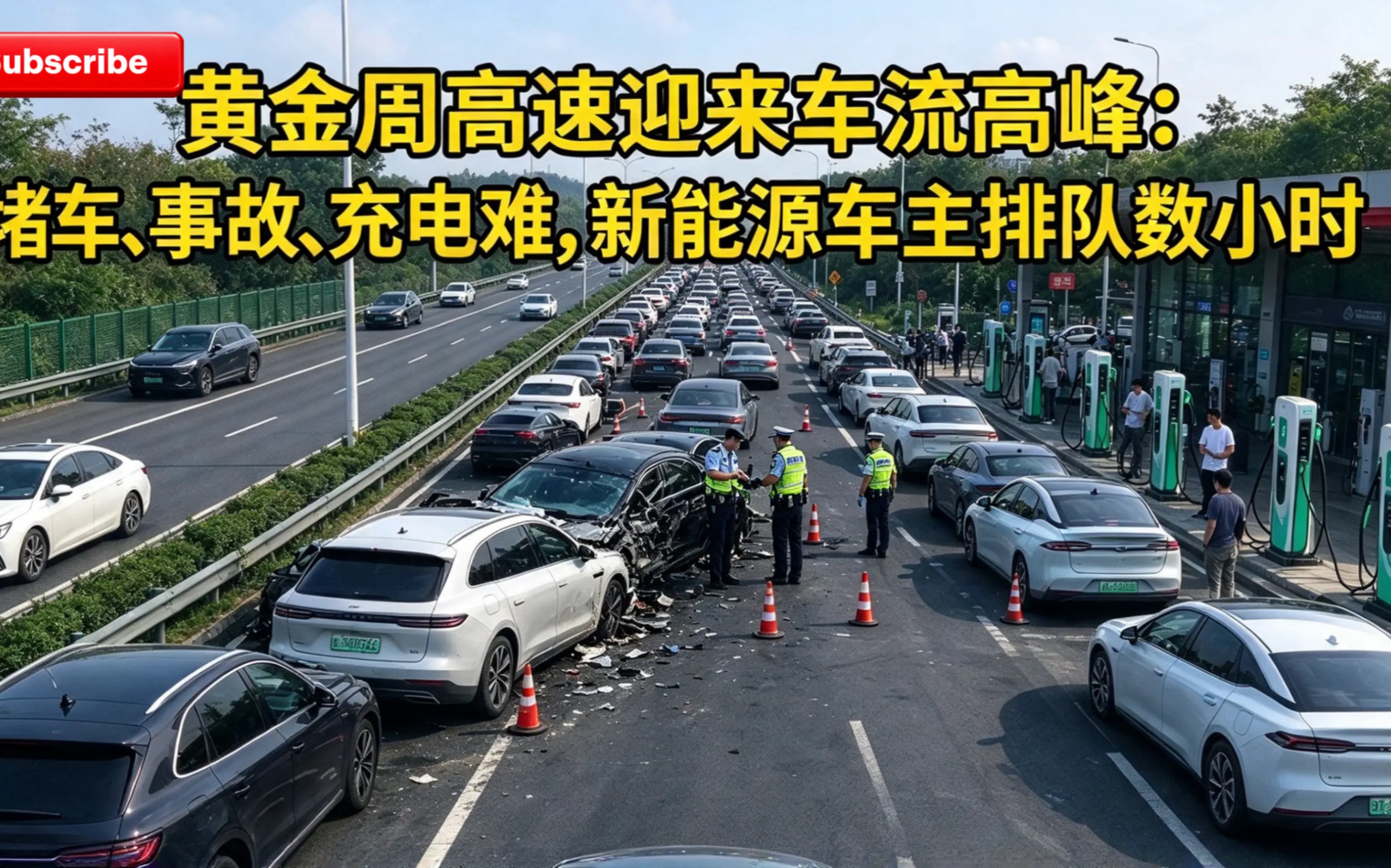 黄金周高速迎来车流高峰：堵车、事故、充电难，新能源车主排队数小时