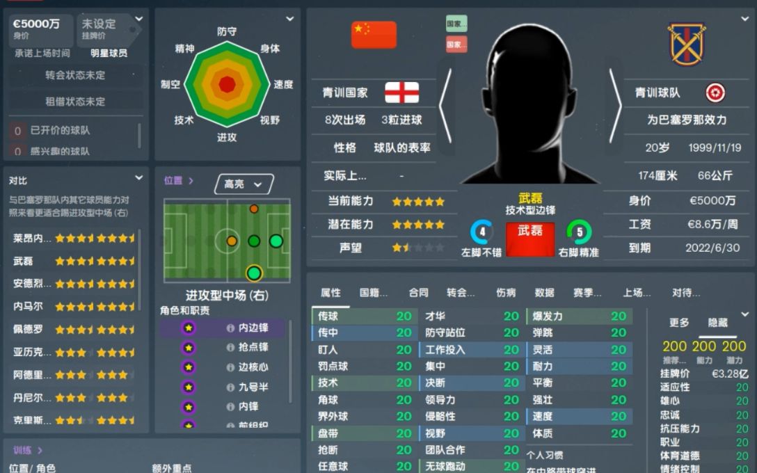 足球经理2021把武磊能力值全部调到20看看赛季结束后表现怎么样