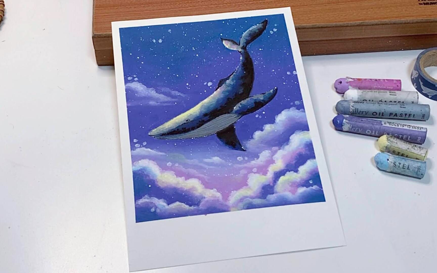 星空蓝鲸唯美水粉画图片