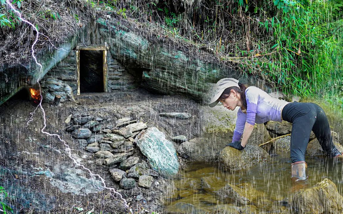 [图]荒野女孩杨薇薇，在山崖缝隙中建造庇护所，孤身夜晚在山里过夜