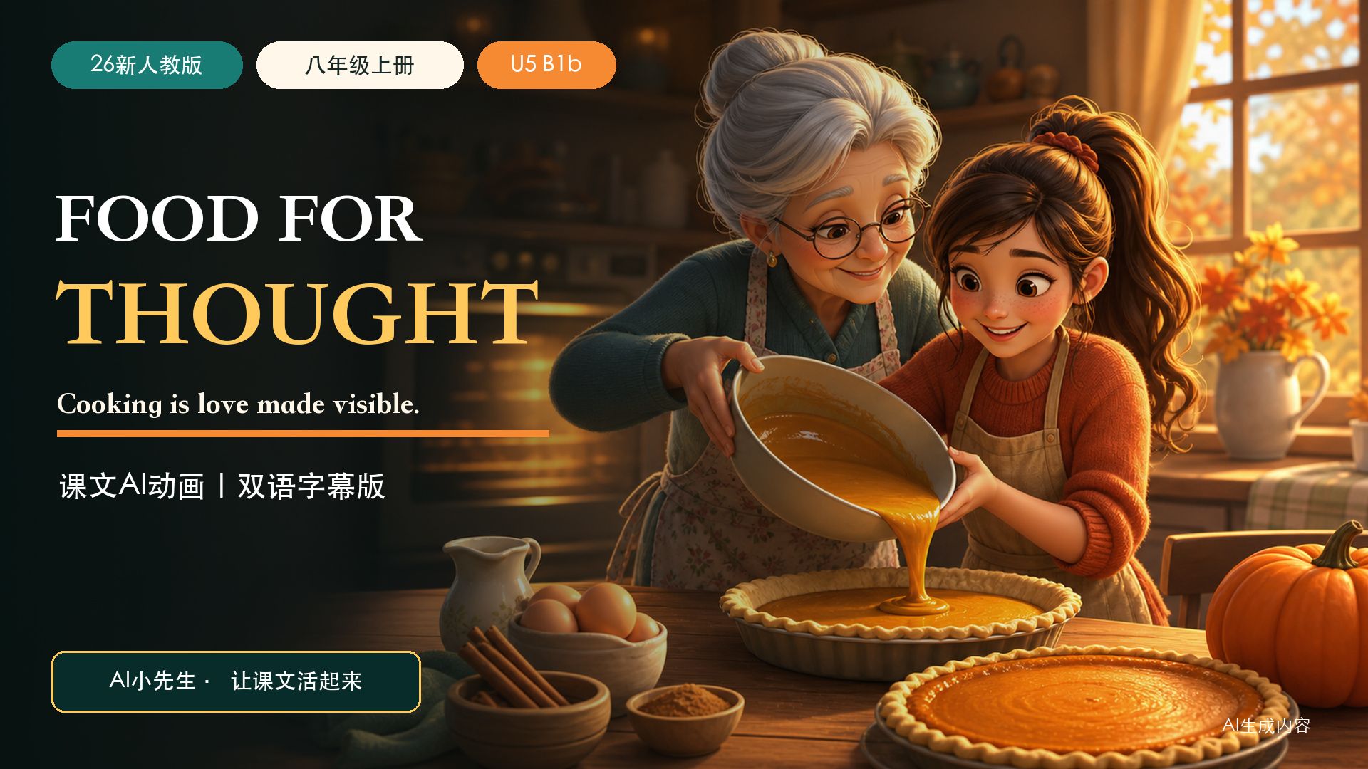 【26新人教版八上U5 B1b】Food for Thought课文AI动画｜做饭是看得见的爱