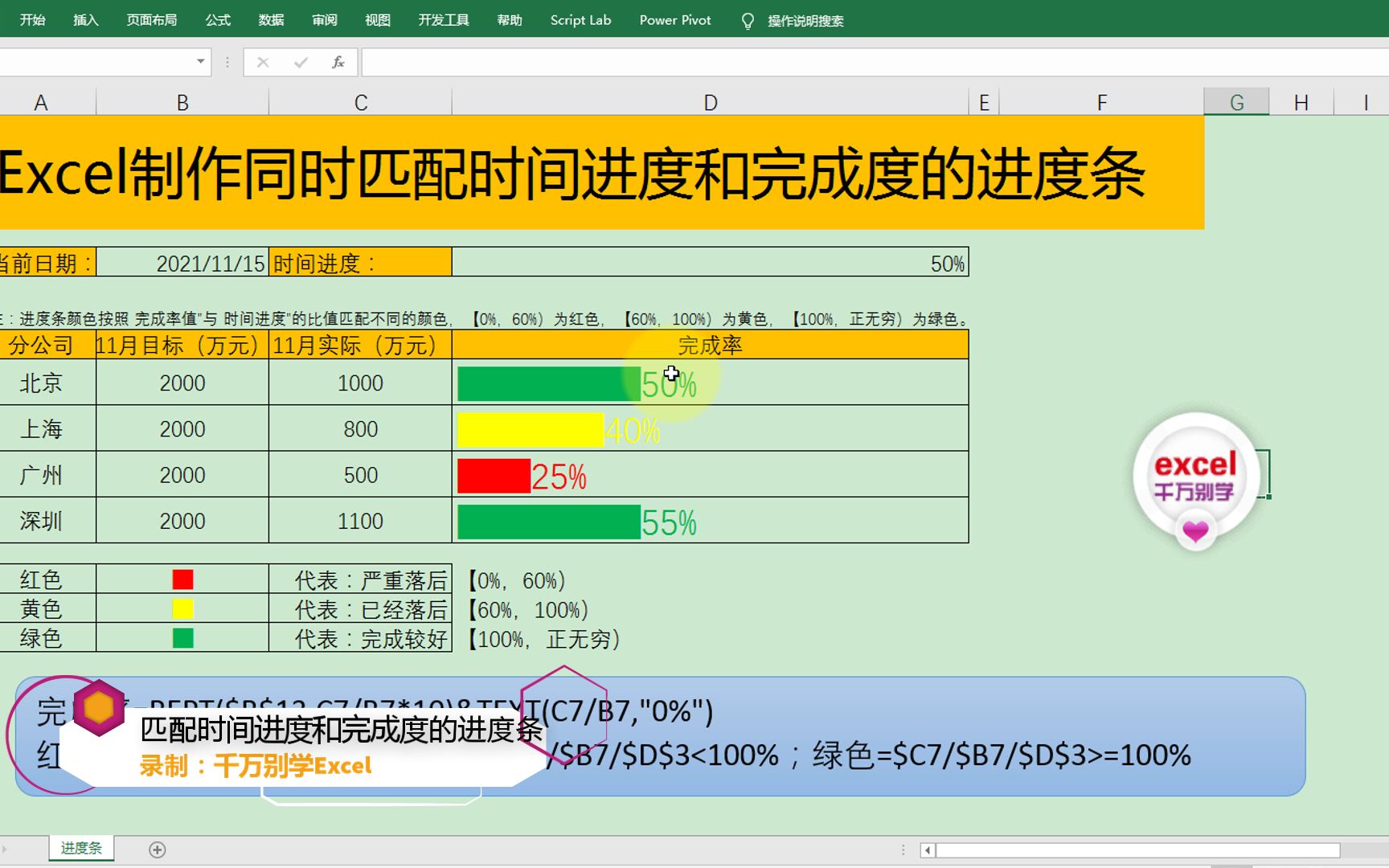 excel制作同时匹配时间进度和完成度的进度条