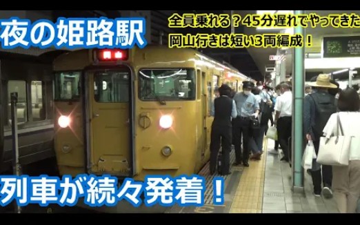 [图]【岡山地区ダイヤ乱れでプチ混乱！】JR神戸線 姫路駅 夜の発着集！【115系3両編成に大量乗車・10分間隔で到着する113系・223系連結・・・】