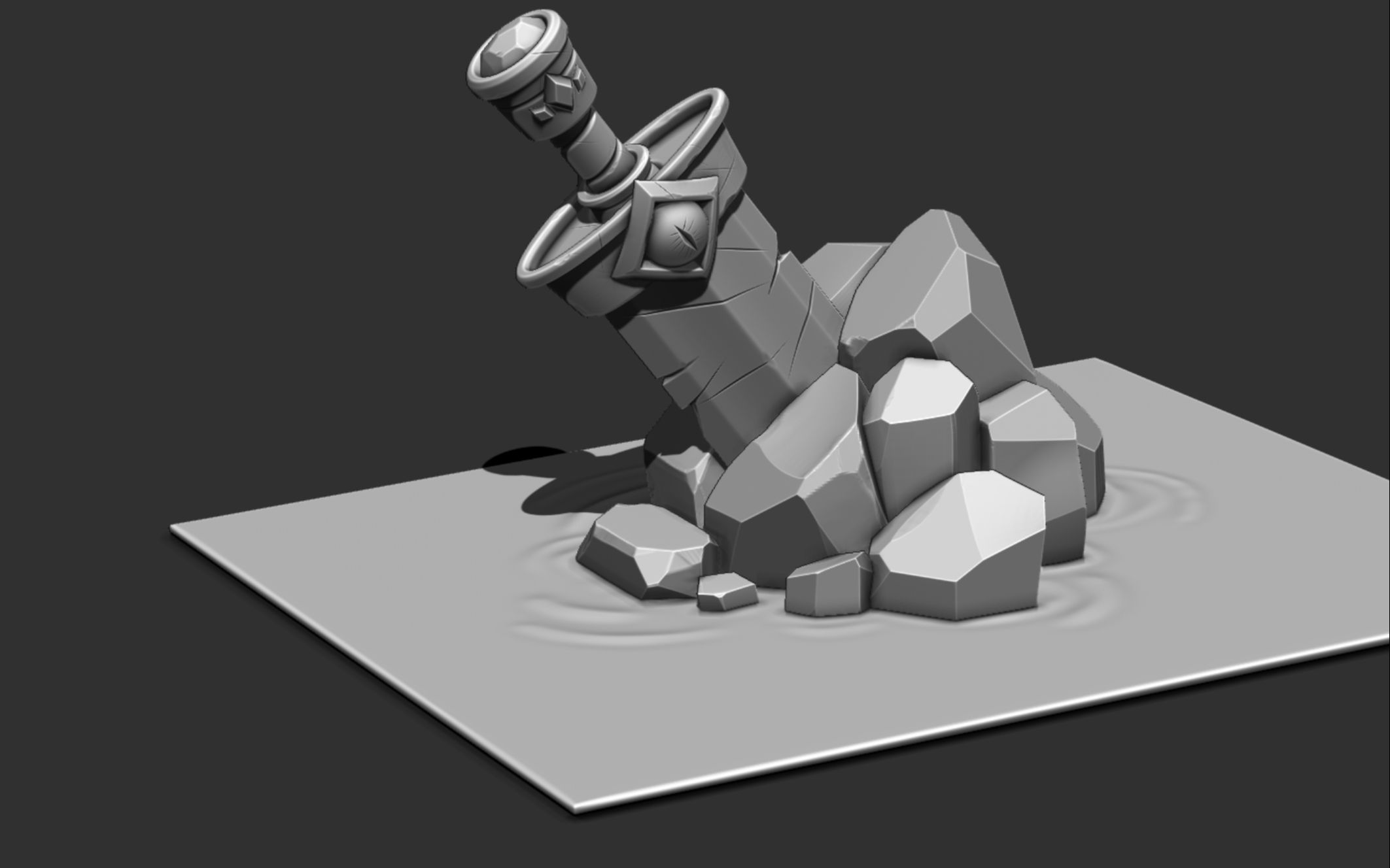 3dmaxzbrush雕刻一把插在石头里的战损断剑